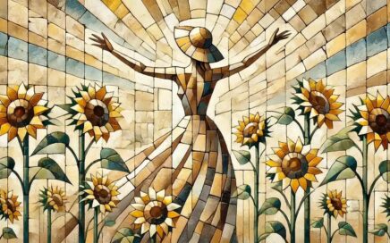 Mujer saludando al sol, con los brazos extendidos, en un campo de girasoles, parece estar feliz
